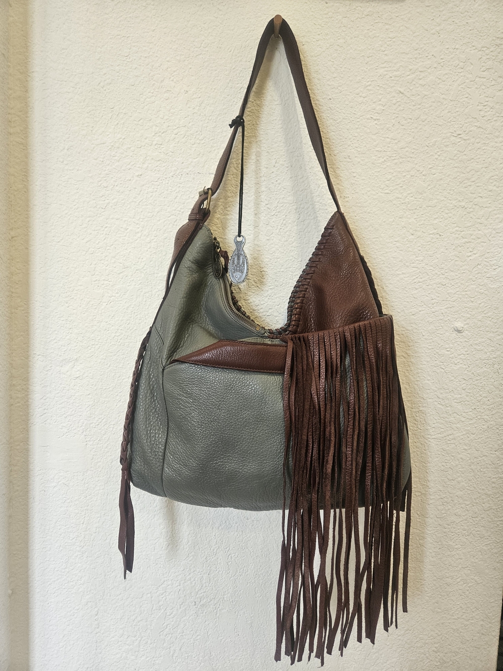 MUXO by Camila Alves Gray Pebbled Leather Fringe Hobo Bag - Boho Western